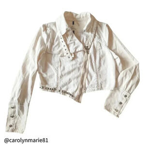 PENCEY OffWhite Denim Stud Embellished Moto Jacket Size M 100% Cotton Asymmetric